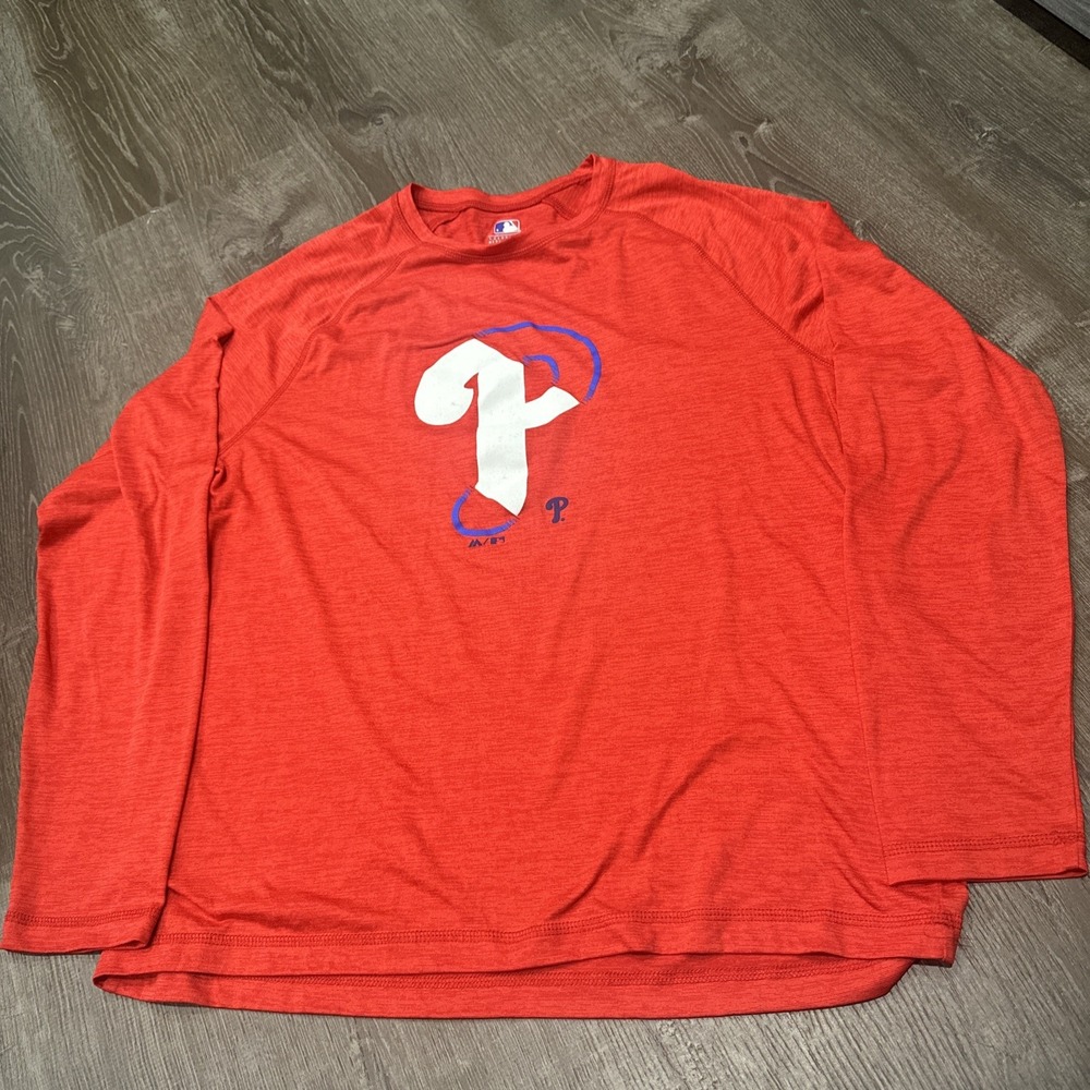 Philadelphia Phillies Majestic MLB Shirt Mens Red L Graphic Logo Long Sleeve
